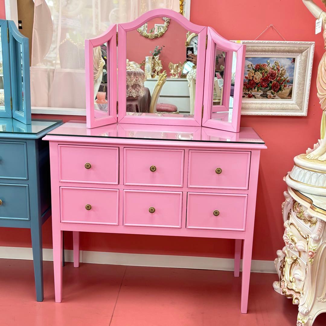 ピンク 三面鏡付ドレッサー マホガニー材 3面鏡 高級 綺麗 開梱設置サービス