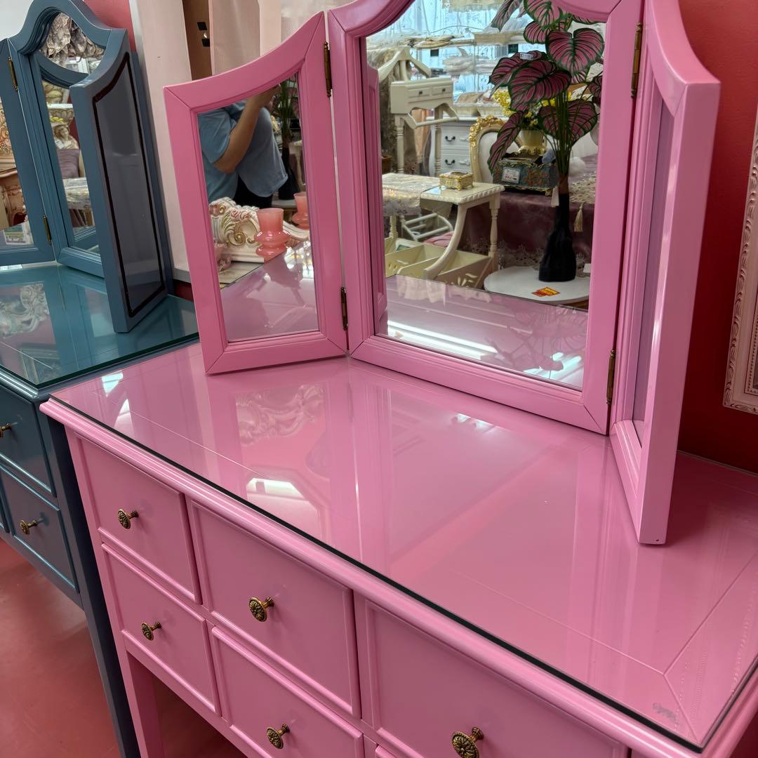 ピンク 三面鏡付ドレッサー マホガニー材 3面鏡 高級 綺麗 開梱設置サービス