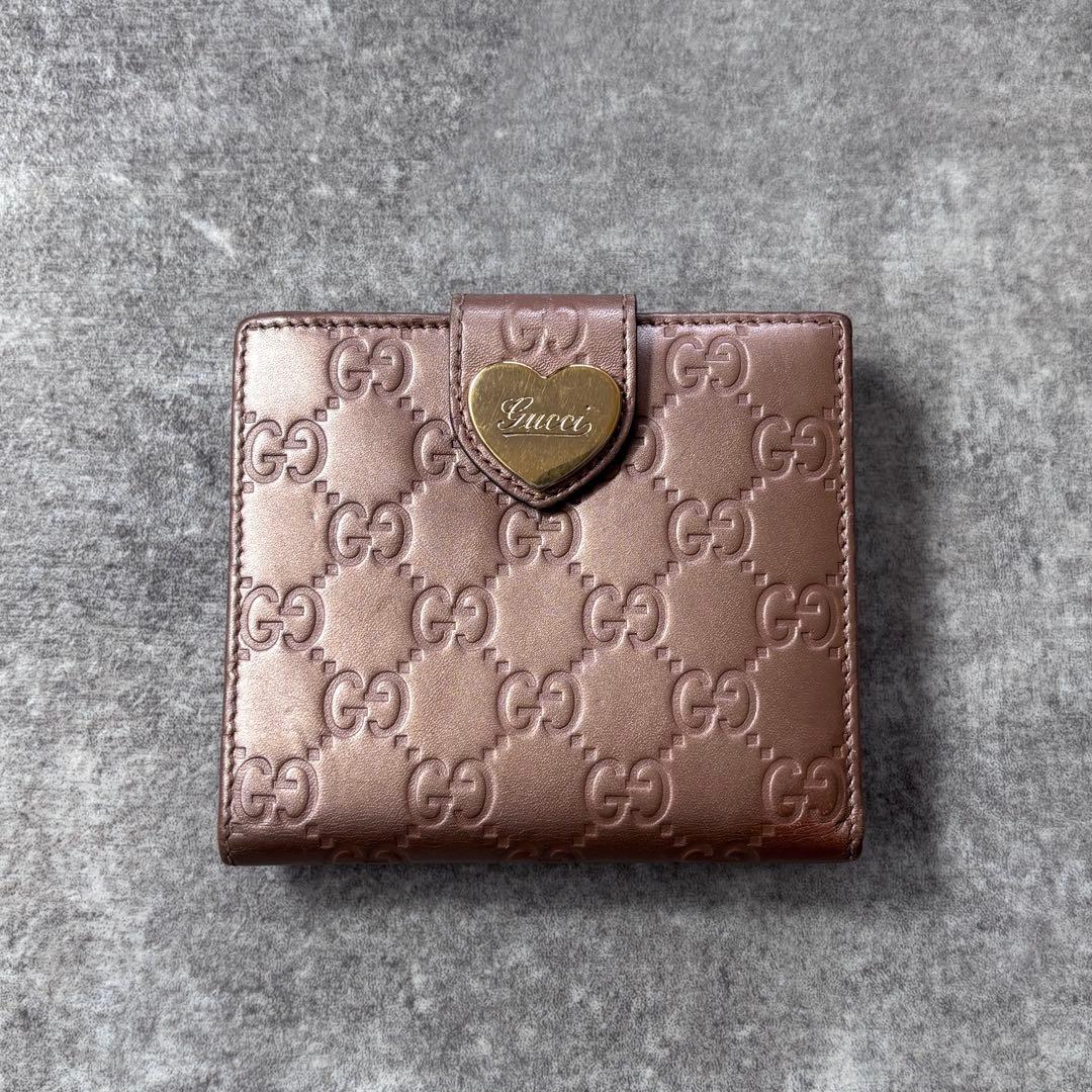 GUCCI グッチシマ レザー ハート金具 二つ折り財布 ピンク GG柄