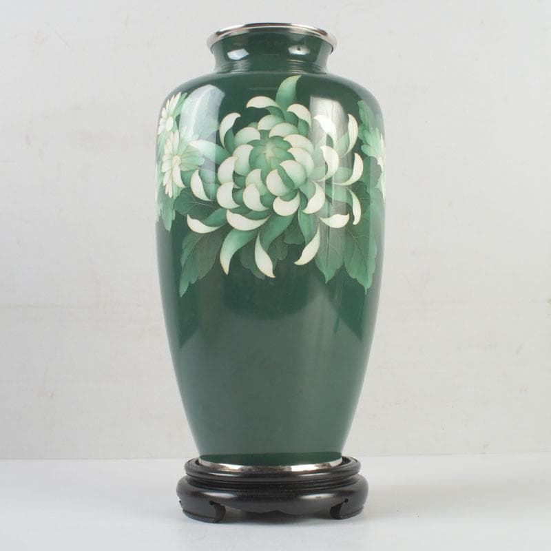 七宝焼　相互七宝謹製　緑釉　花文　花瓶　唐木台付　共箱　V　9837A