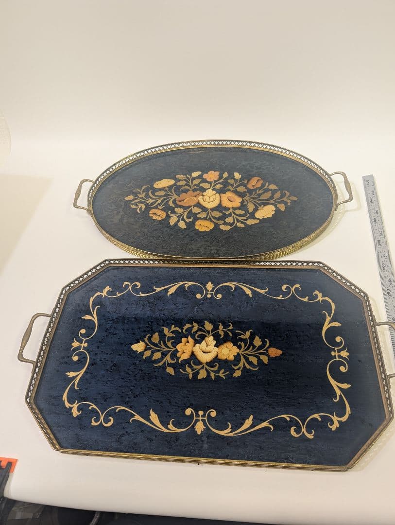 Domain イタリア製トレー 金縁 真鍮 木製 象嵌細工 メープル材 玉杢