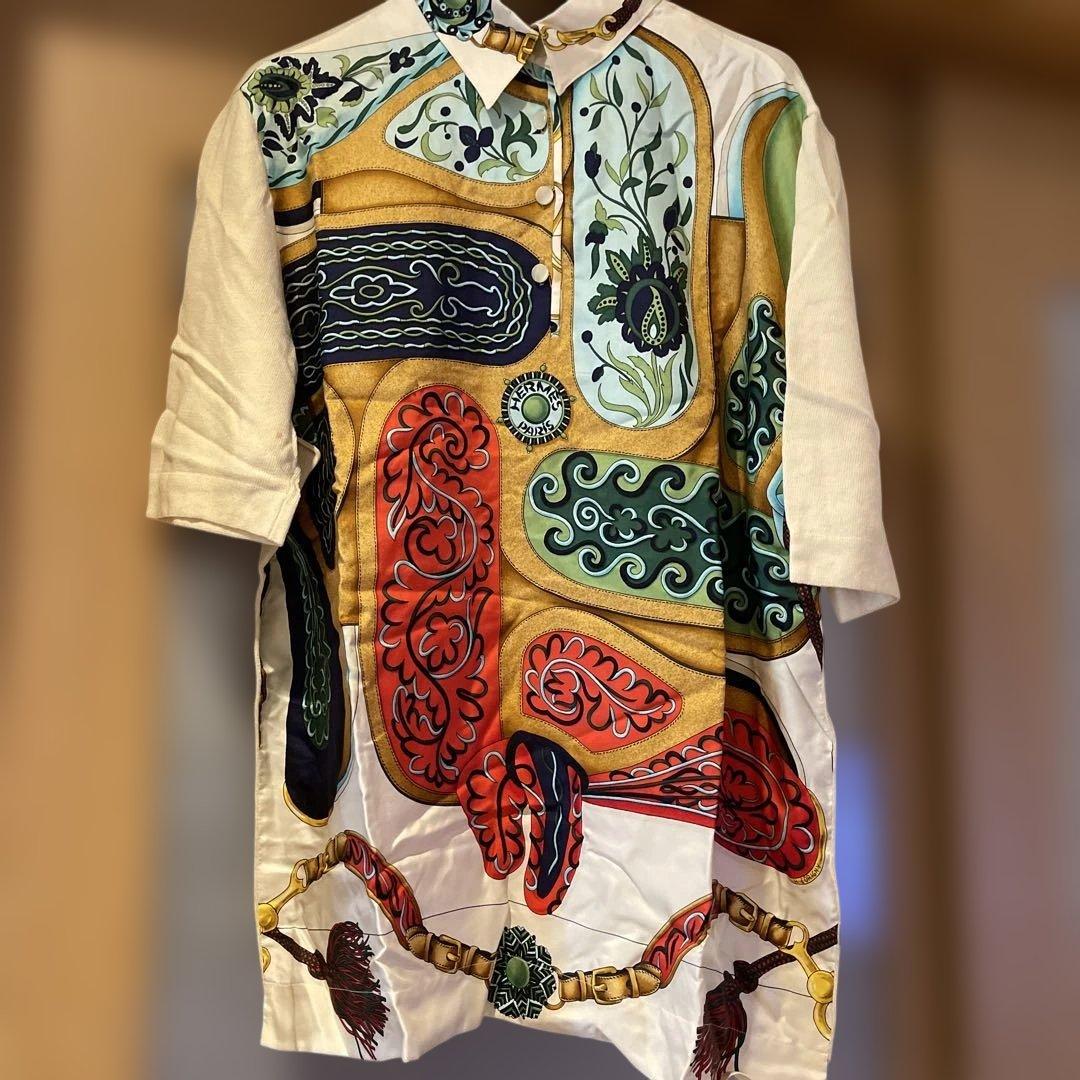 HERMES シルク半袖シャツ Lサイズ