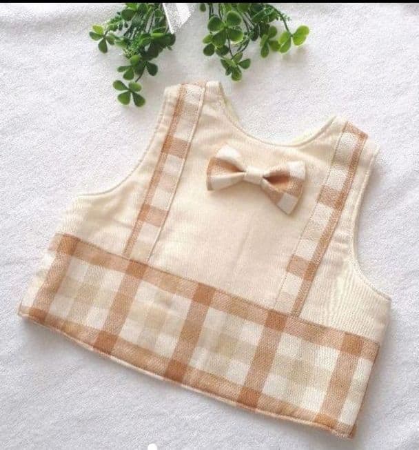 送料無料！チェックのベストスタイ(ベージュ)&お好みリボン