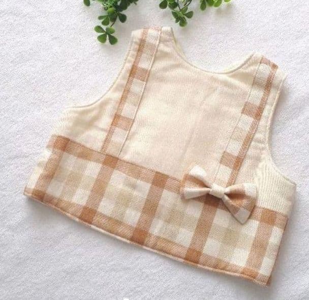 送料無料！チェックのベストスタイ(ベージュ)&お好みリボン