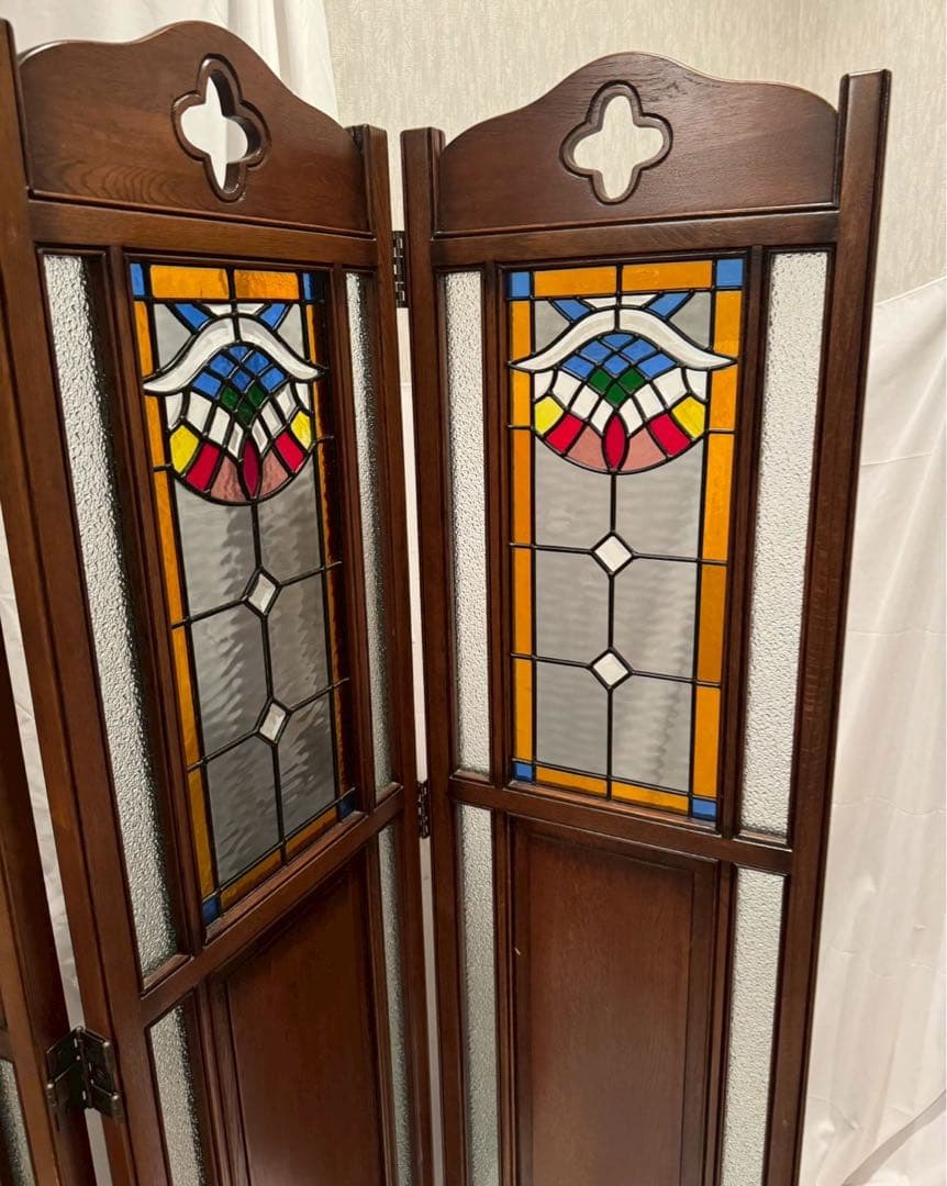 木製　ステンドグラス　パーテーション アンティーク　3連