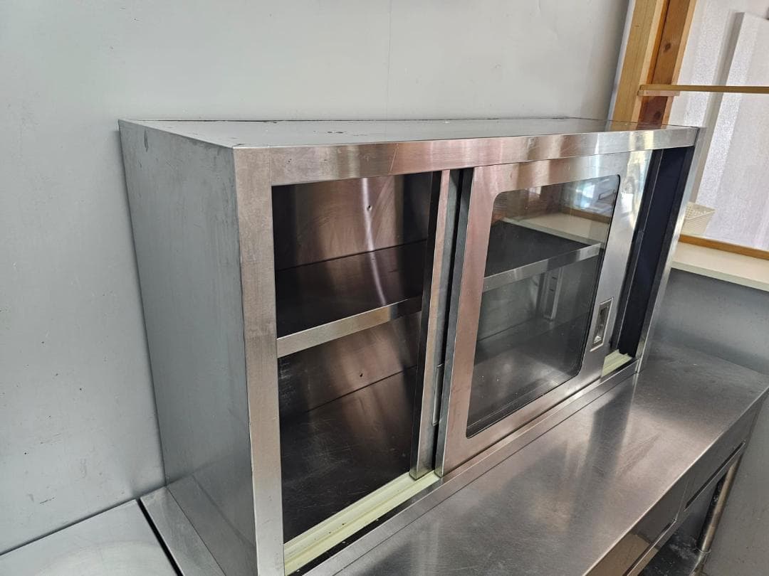 業務用ステンレス吊り戸棚 ガラス引き戸付き（幅120×奥行35×高さ64cm）