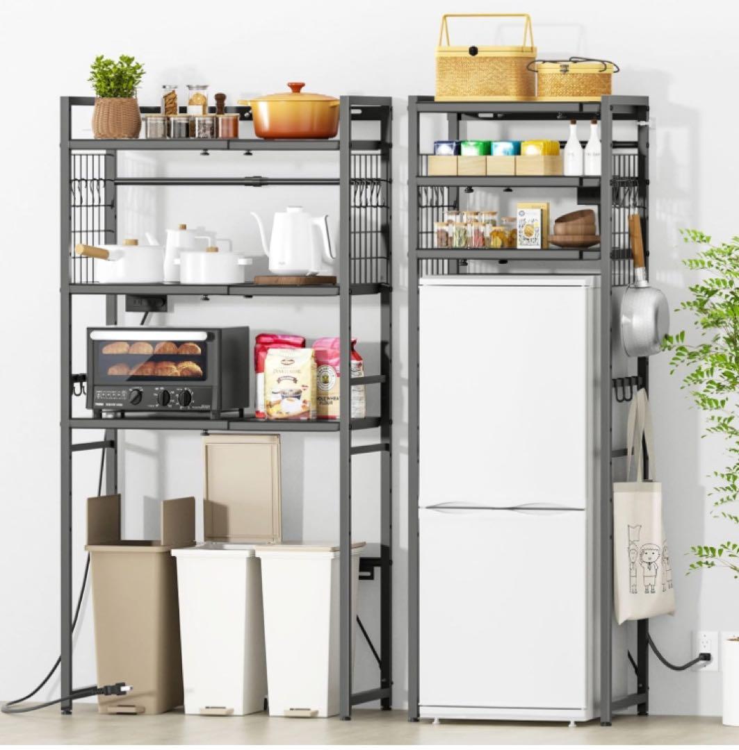 幅伸縮　2口コンセント　高さ調整　冷蔵庫上ラック　ゴミ箱上ラック キッチンラック