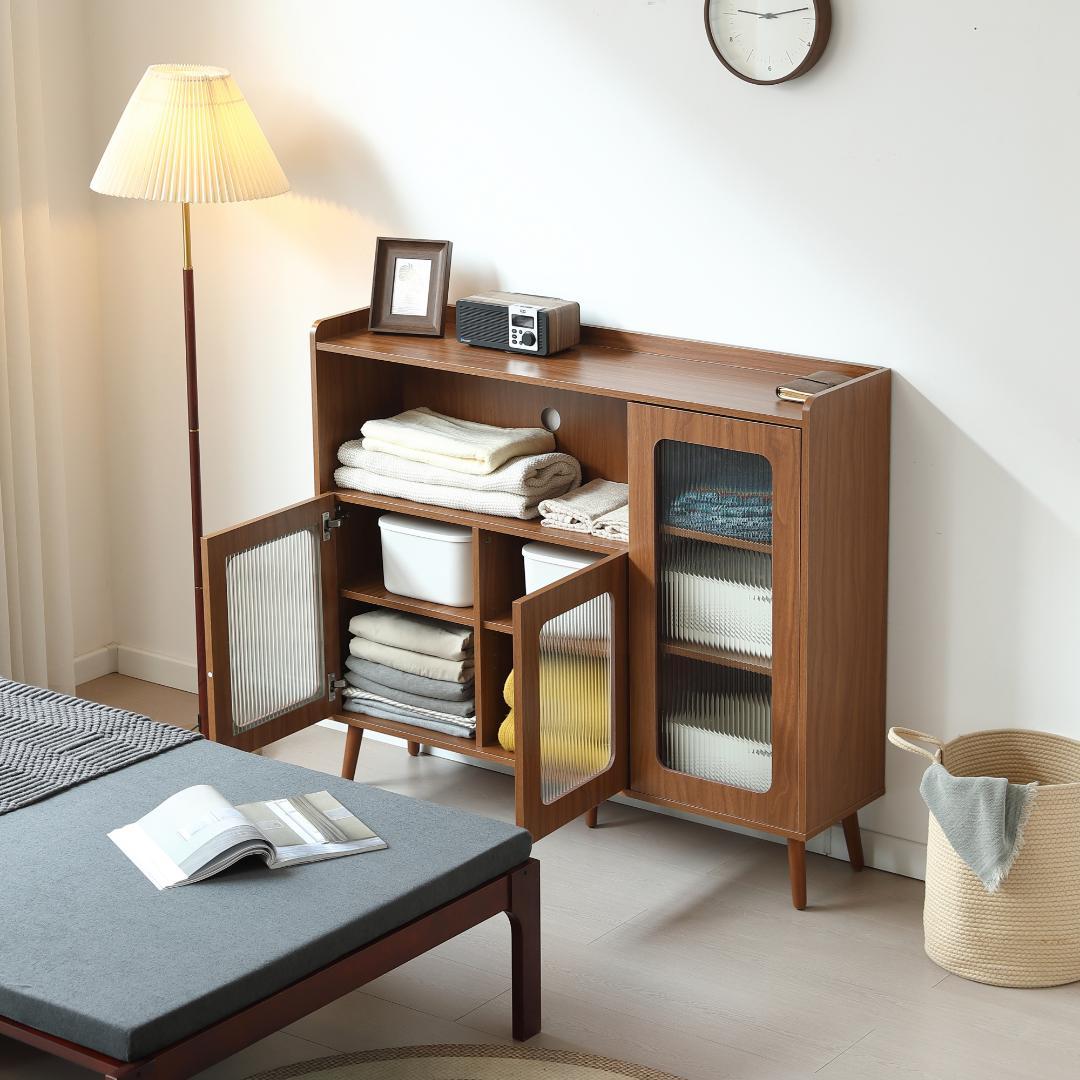 タイムセール！新作のキャビネット　扉付き　食器棚　木目調　BROWN