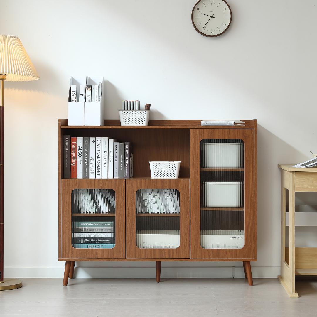 タイムセール！新作のキャビネット　扉付き　食器棚　木目調　BROWN