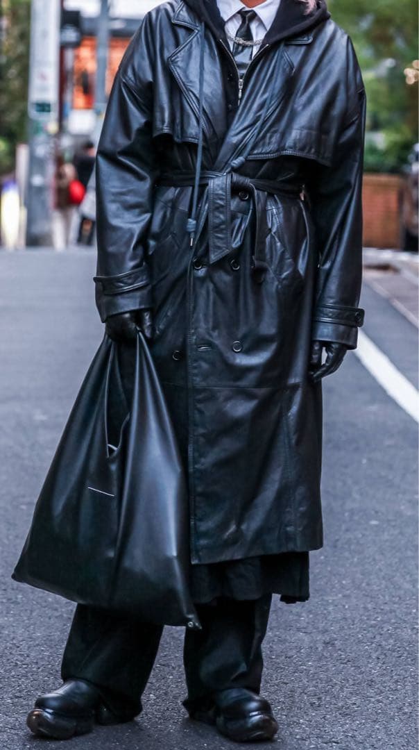 ブラック レザー ダブルブレストコート