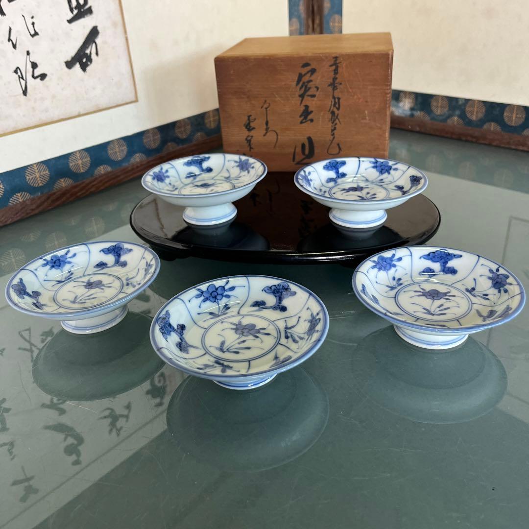 清水焼　加藤雲泉　青華間取花文　突出皿5枚（D）