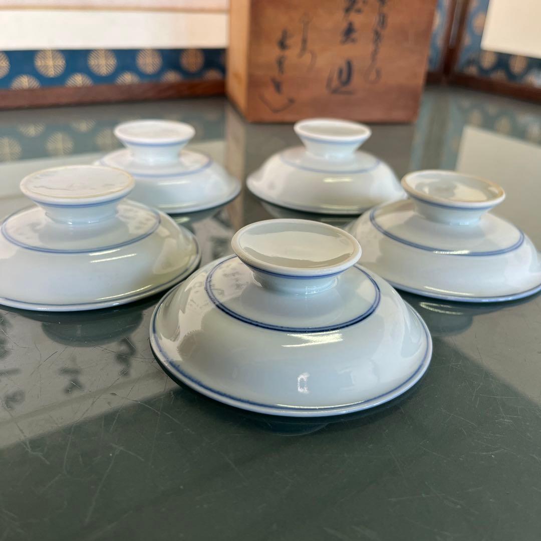 清水焼　加藤雲泉　青華間取花文　突出皿5枚（D）