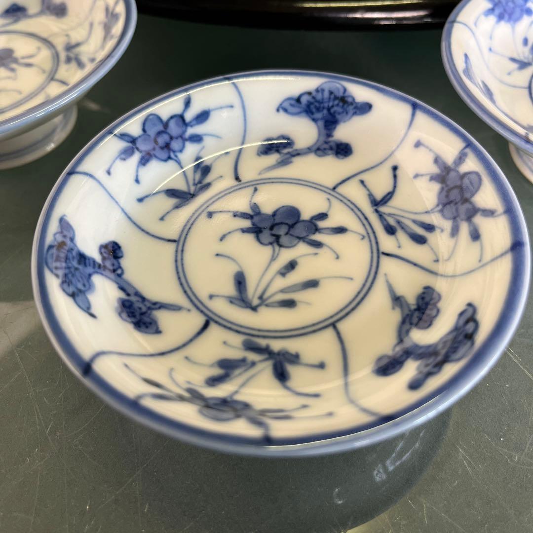 清水焼　加藤雲泉　青華間取花文　突出皿5枚（D）