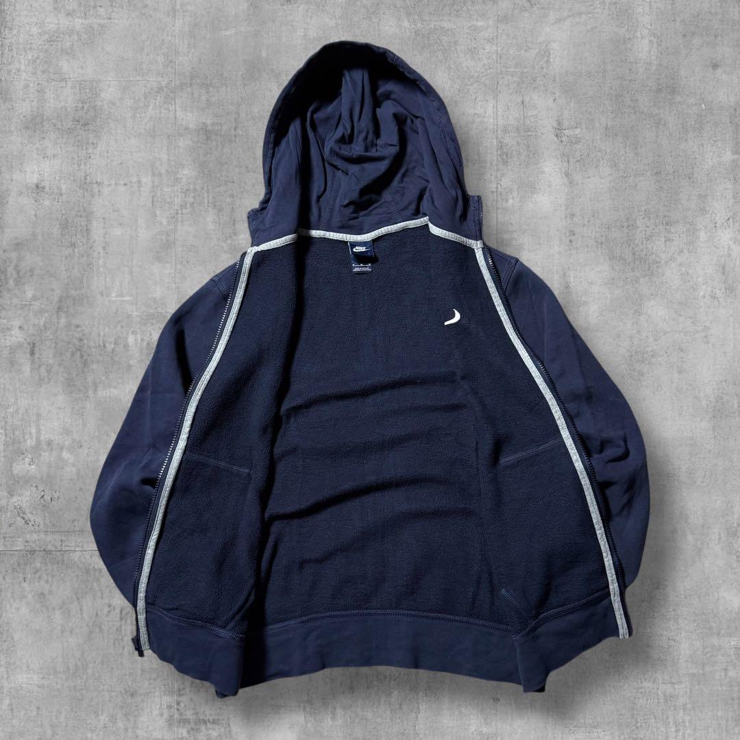 2461 古着NIKEナイキフルジップスウェットパーカー刺繍ロゴ短丈茄子紺Y2K