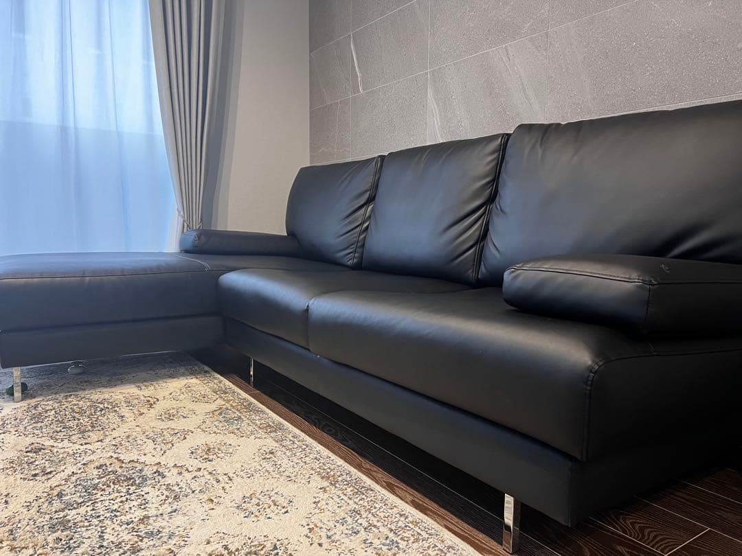 カウチソファ 向って左カウチ「ベローナ2」ソフトレザーブラック色