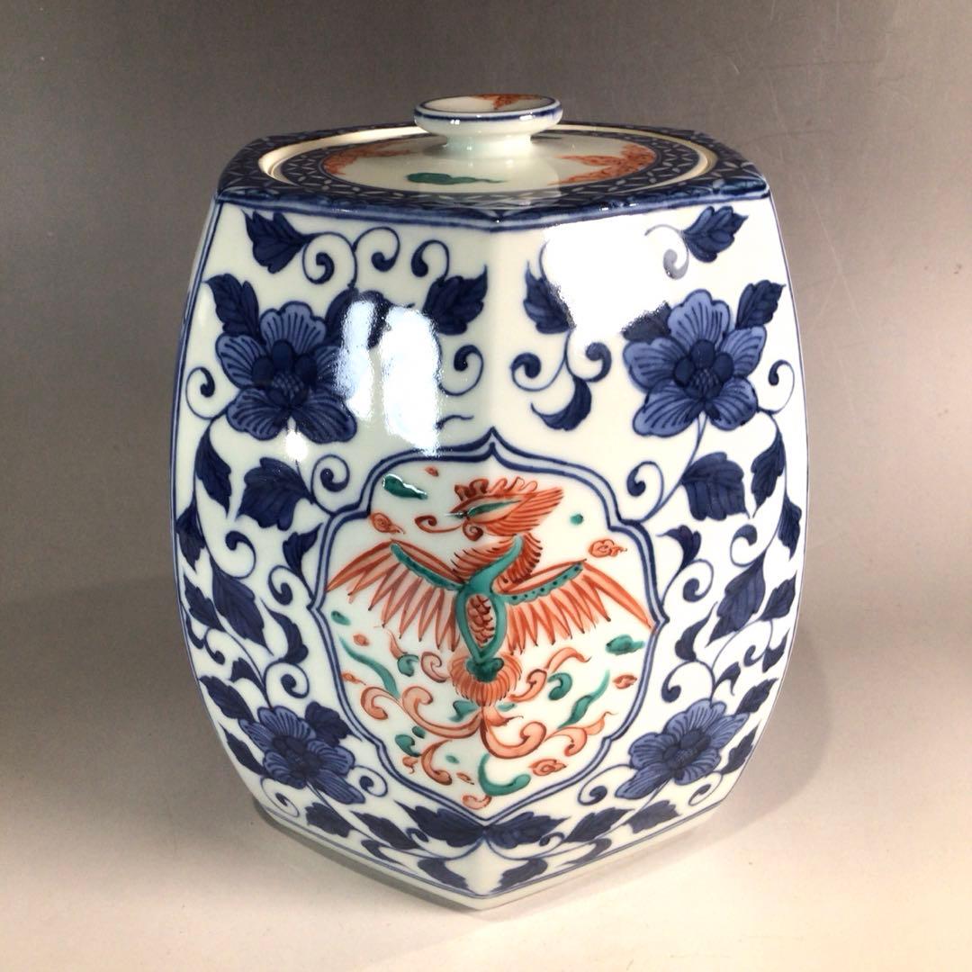 Ｐ３２４　水指　『平安　手塚玉堂造』『染付赤絵』『六角水指』　共箱　茶道具