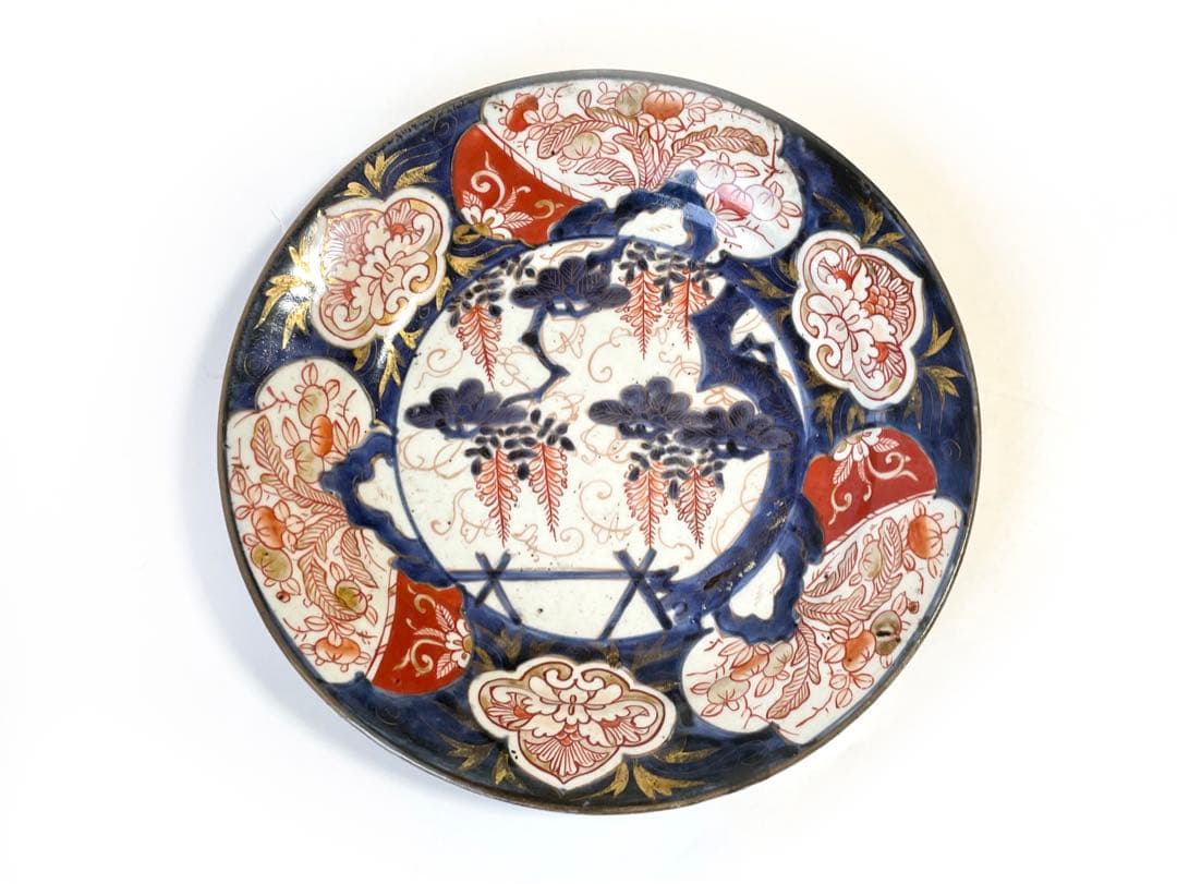 骨董　アンティーク　古伊万里　輸出伊万里　藤文様　藤棚　金襴手　色絵　丸皿　皿