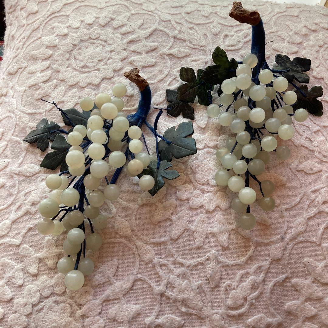 ヴィンテージ中国グリーン翡翠ブドウ彫刻翡翠葉アールデコ フェイクフルーツ