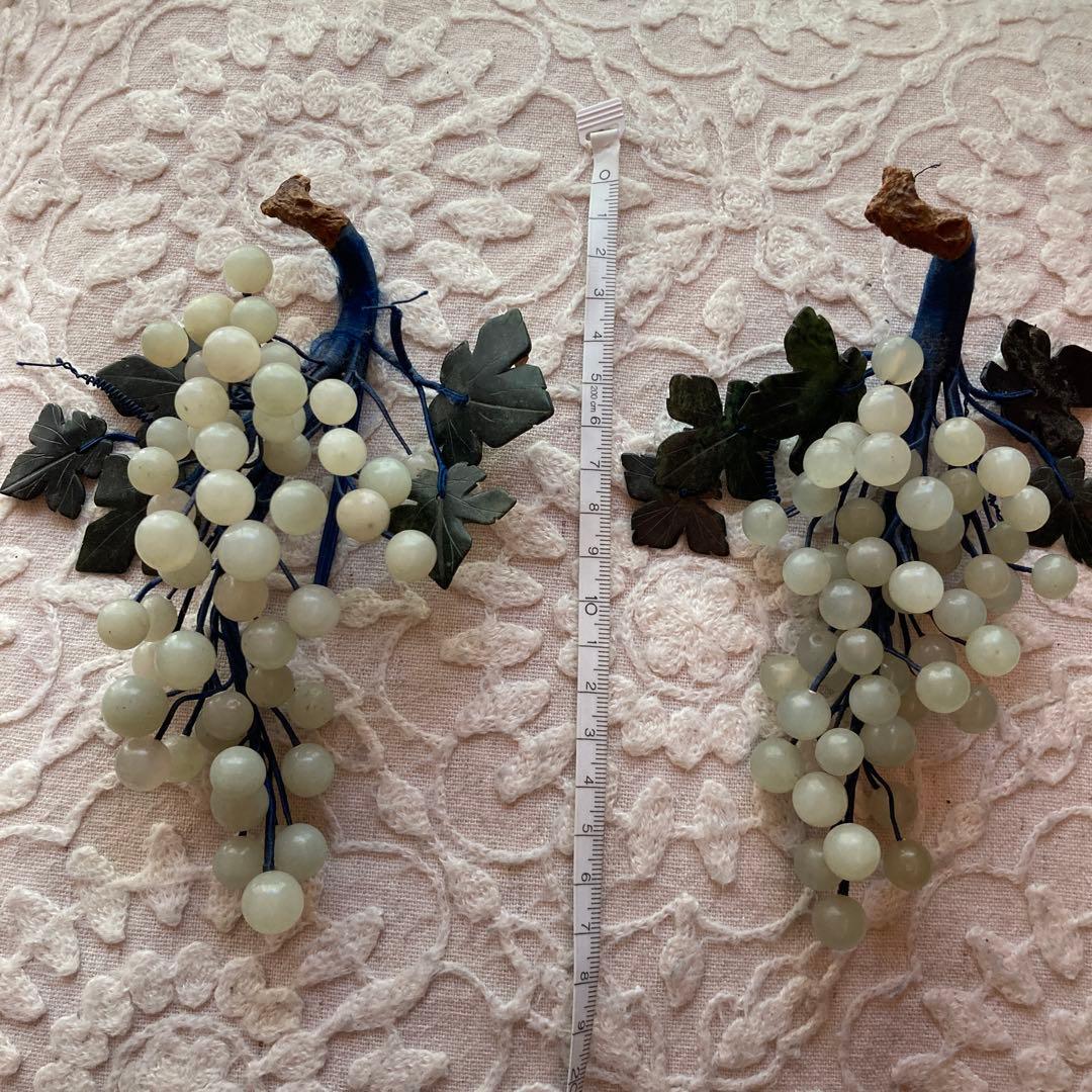 ヴィンテージ中国グリーン翡翠ブドウ彫刻翡翠葉アールデコ フェイクフルーツ