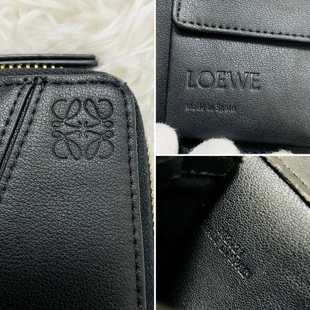 極美✨LOEWE 二つ折り ラウンドファスナー スクエア レザー ブラック