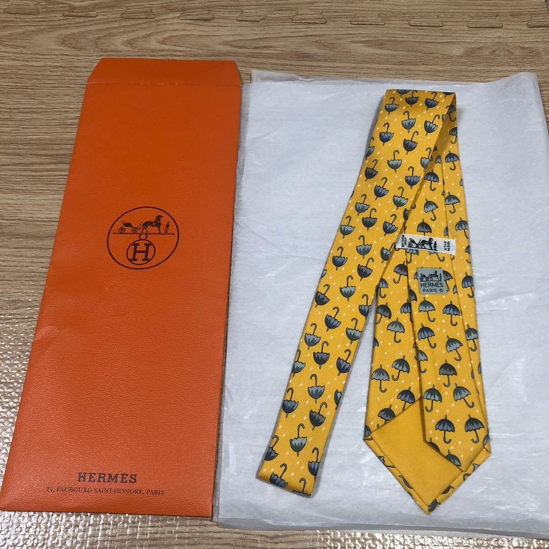 【限定値下未使用袋付】HERMES 最高級シルクプリントネクタイ 傘柄 イエロー