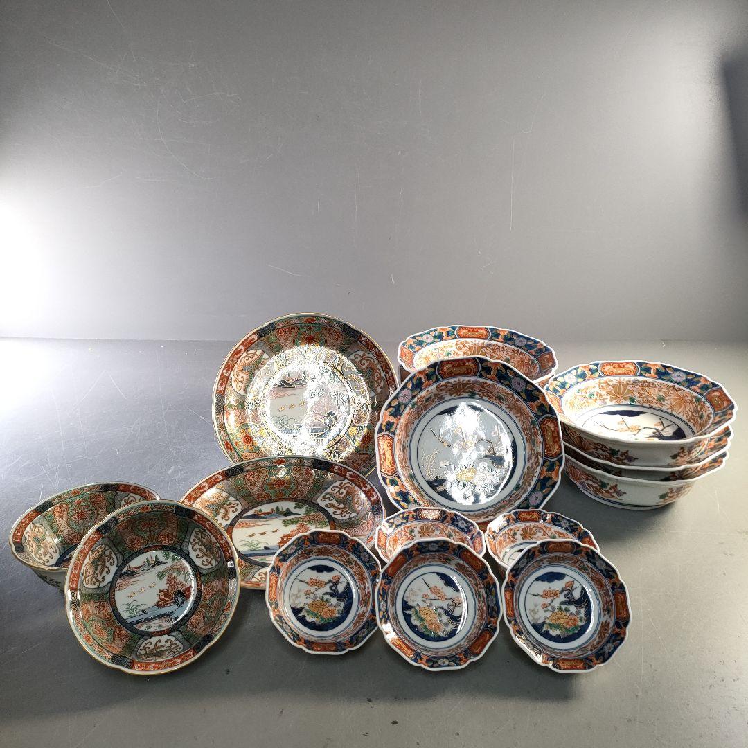 A1286-3/幸楽窯/金彩色絵鉢大7客小5客/弥左衛門/山水文平皿2客中鉢2客