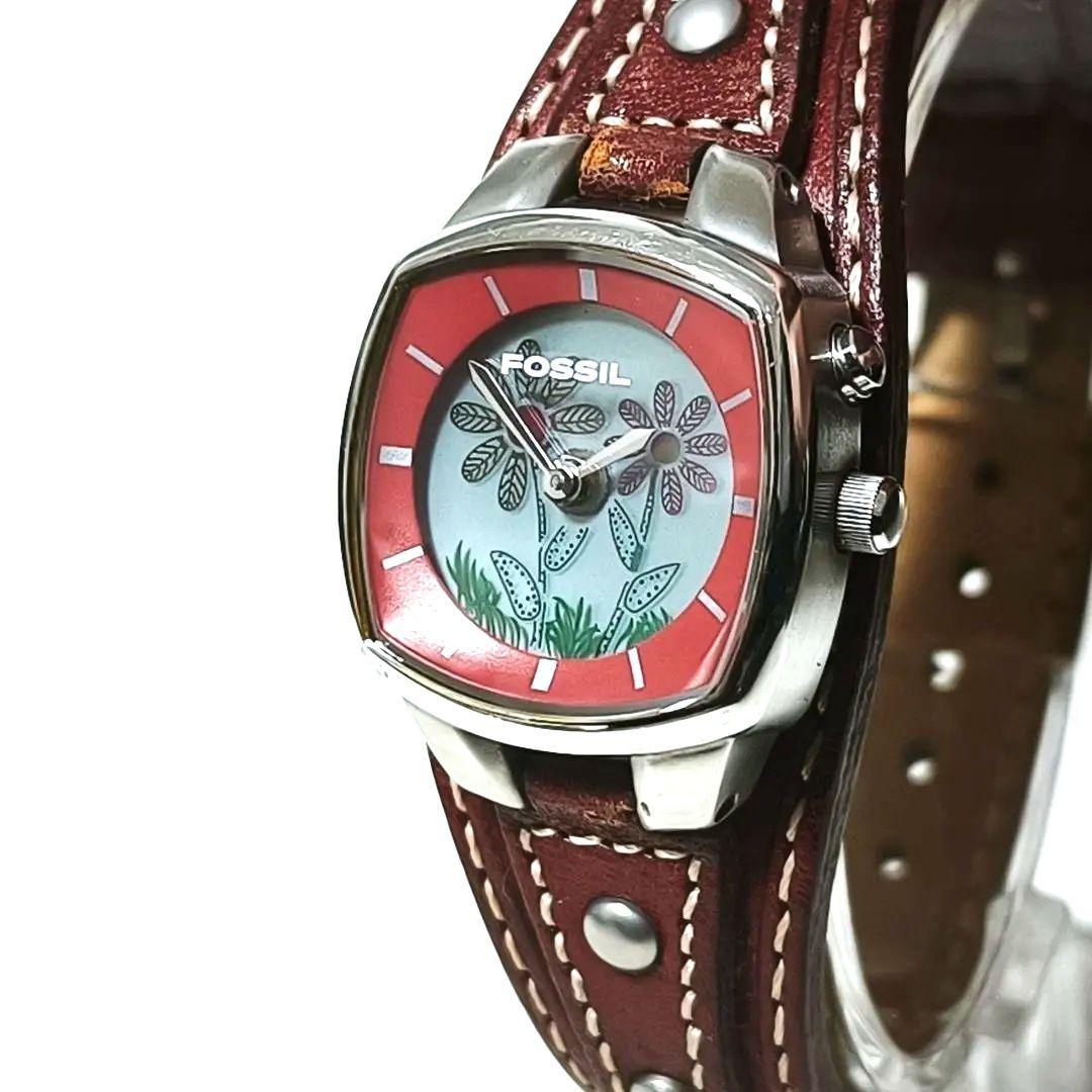 良品✨ FOSSIL BIG TIC フラワー 花 腕時計 レザー 稼働品 廃盤