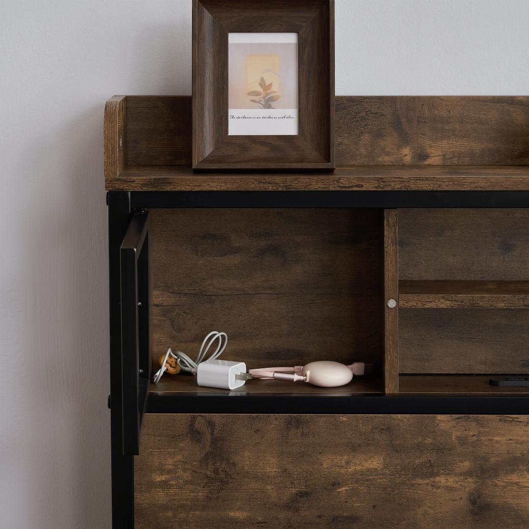 人気再入荷！D・ダブル　高級ベッドフレーム・コンセント付きBROWN