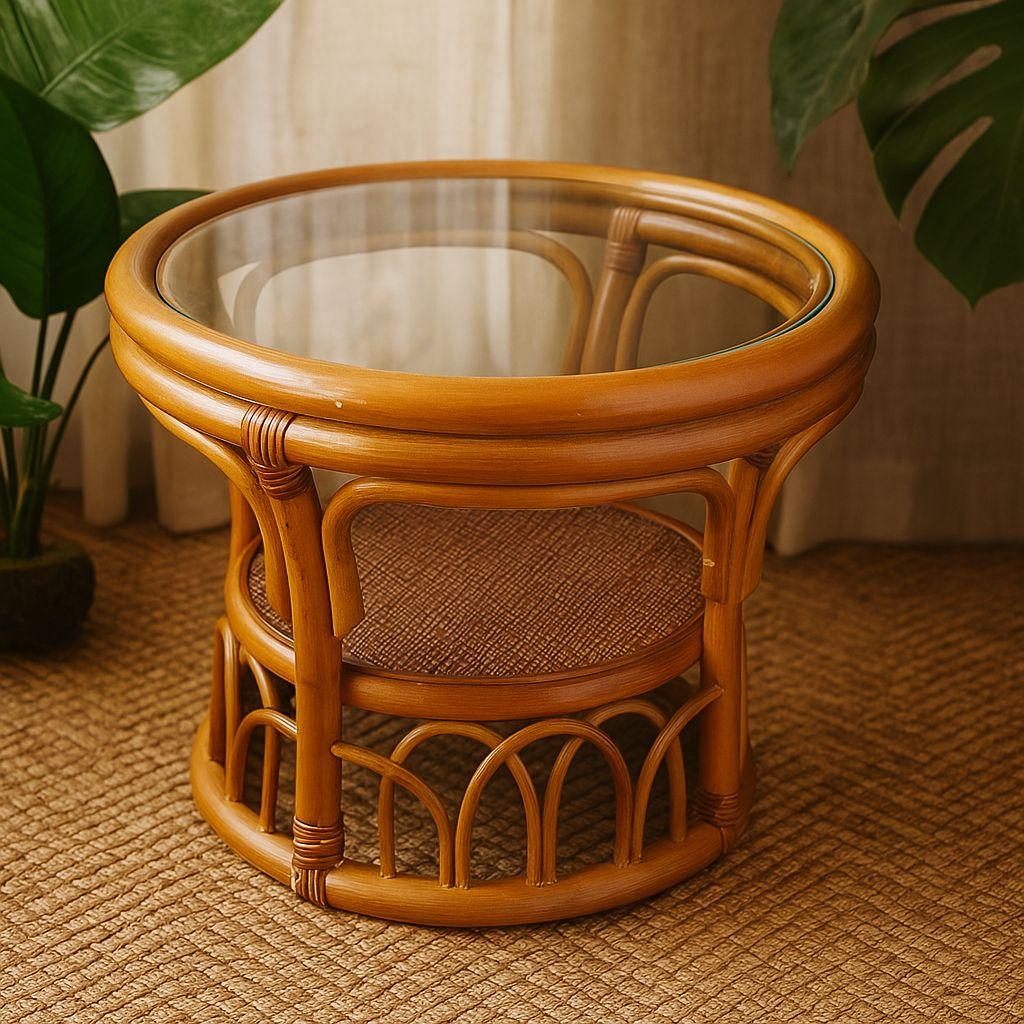 【良品】ヴィンテージ ラタン サイドテーブル ガラス