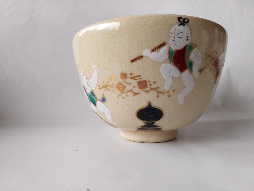 京焼 通次阿山 作 抹茶碗 『 仁清写 五条大橋 』共箱 茶碗 茶道具 美品