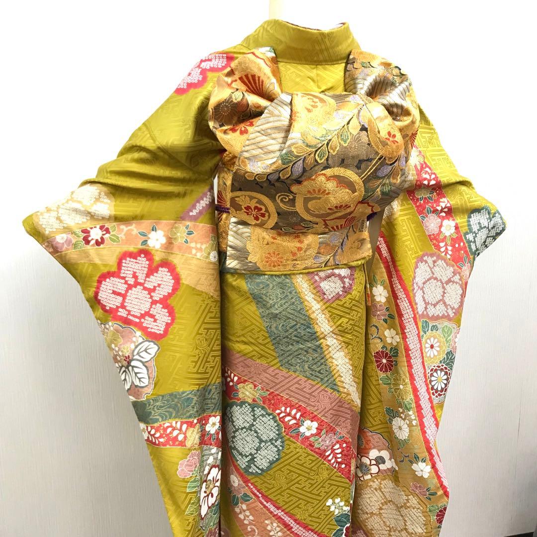 梅乃【102】正絹　振袖　古典　フルセット　三越　大人　熨斗に花丸紋