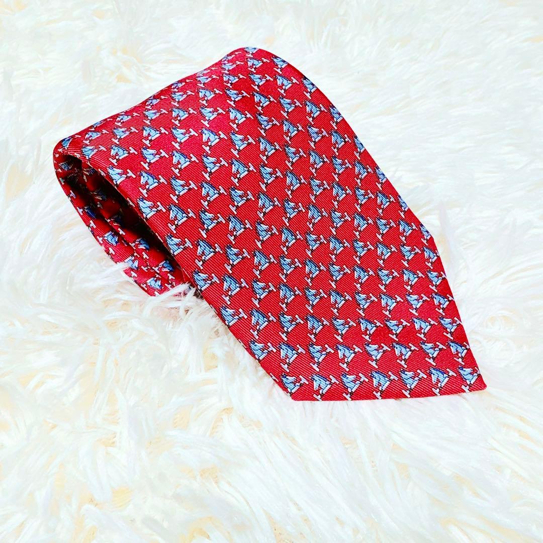 極美品】HERMES エルメス ネクタイ 馬 ホース 障害物 赤 レッド シルク