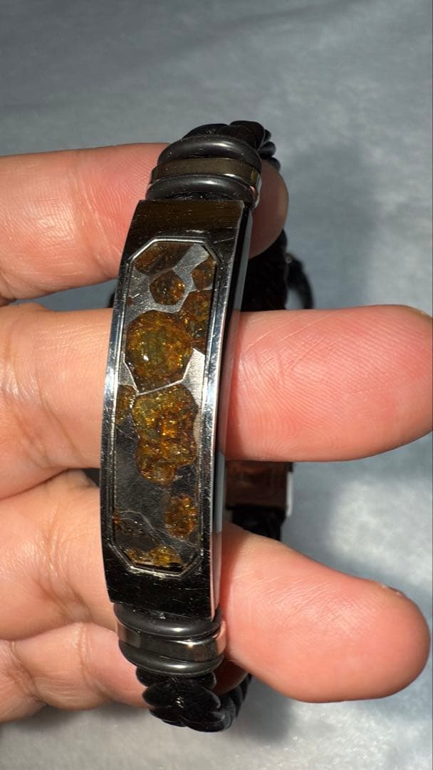 セリコパラサイト隕石 レザー編み×ステンレス ブレスレット メンズサイズ