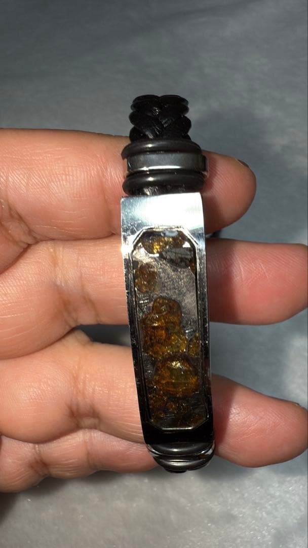 セリコパラサイト隕石 レザー編み×ステンレス ブレスレット メンズサイズ