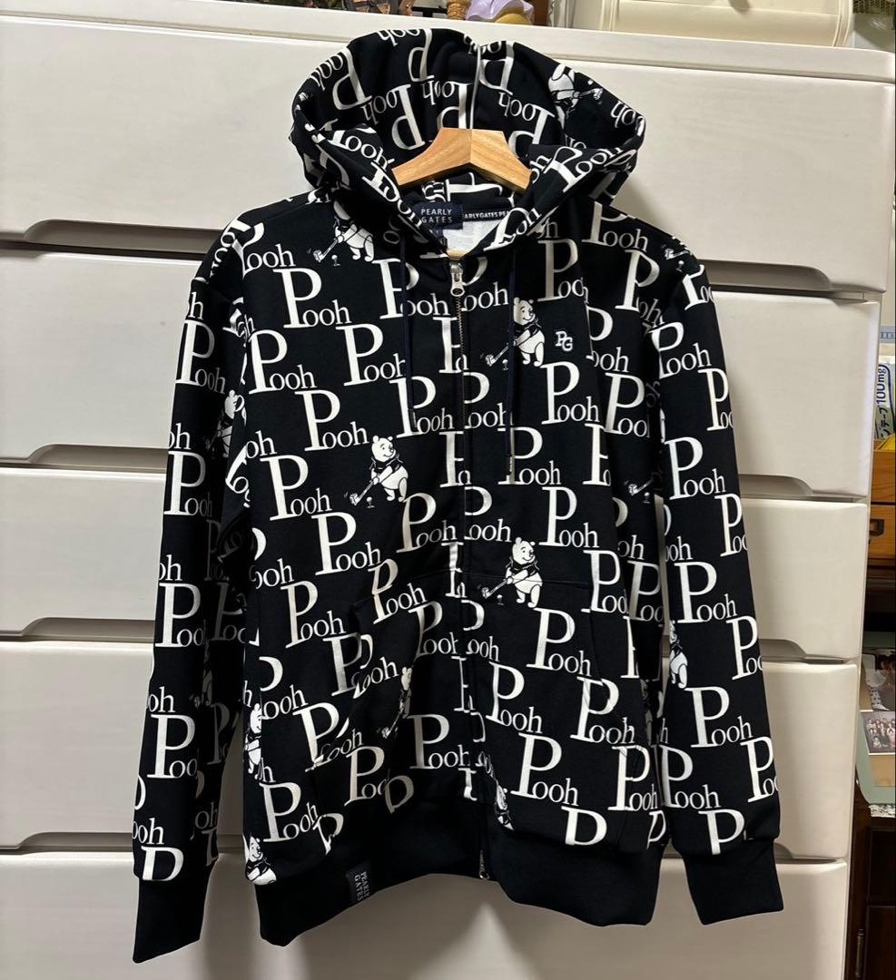 パーリーゲイツPGプーさんロゴプリント裏起毛パーカーブラックサイズ1