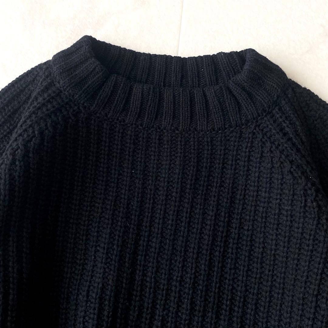 美品☆アドーア ウール あぜ編み クルーネックニット 裾スリット ゆったり 黒