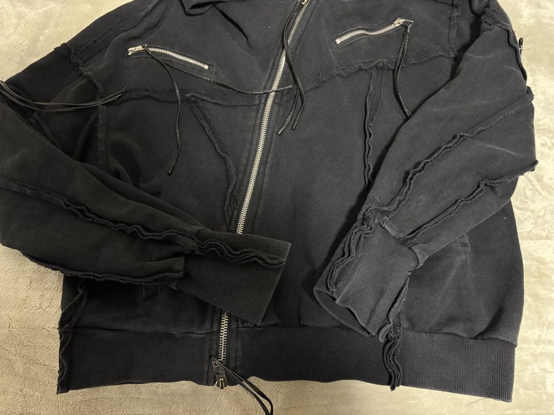 古着 FLYERRER 変形ジップパーカー フーディー ブラック Lサイズ