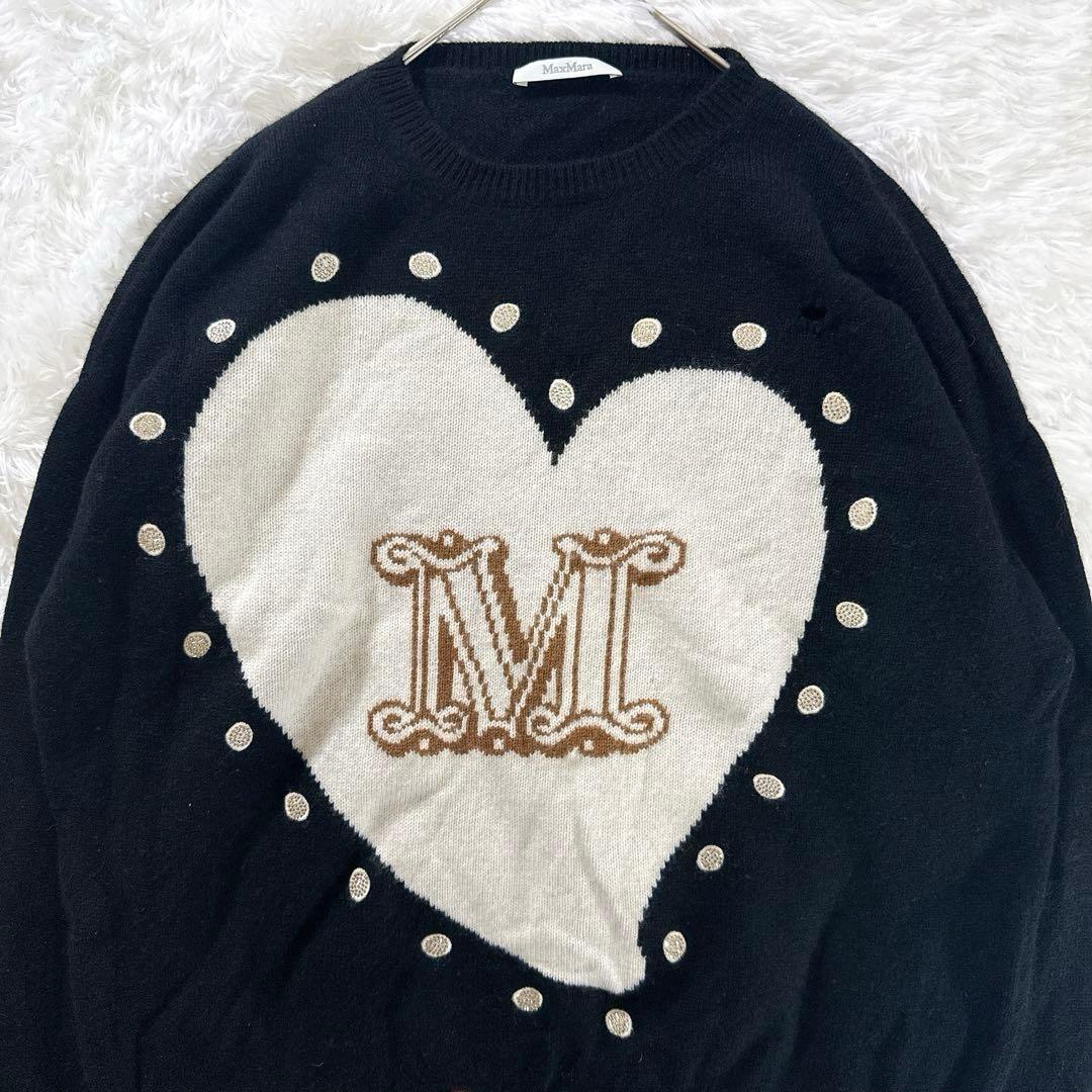 マックスマーラ ニット セーター カシミヤ M 黒 ハート ビッグロゴ 白タグ