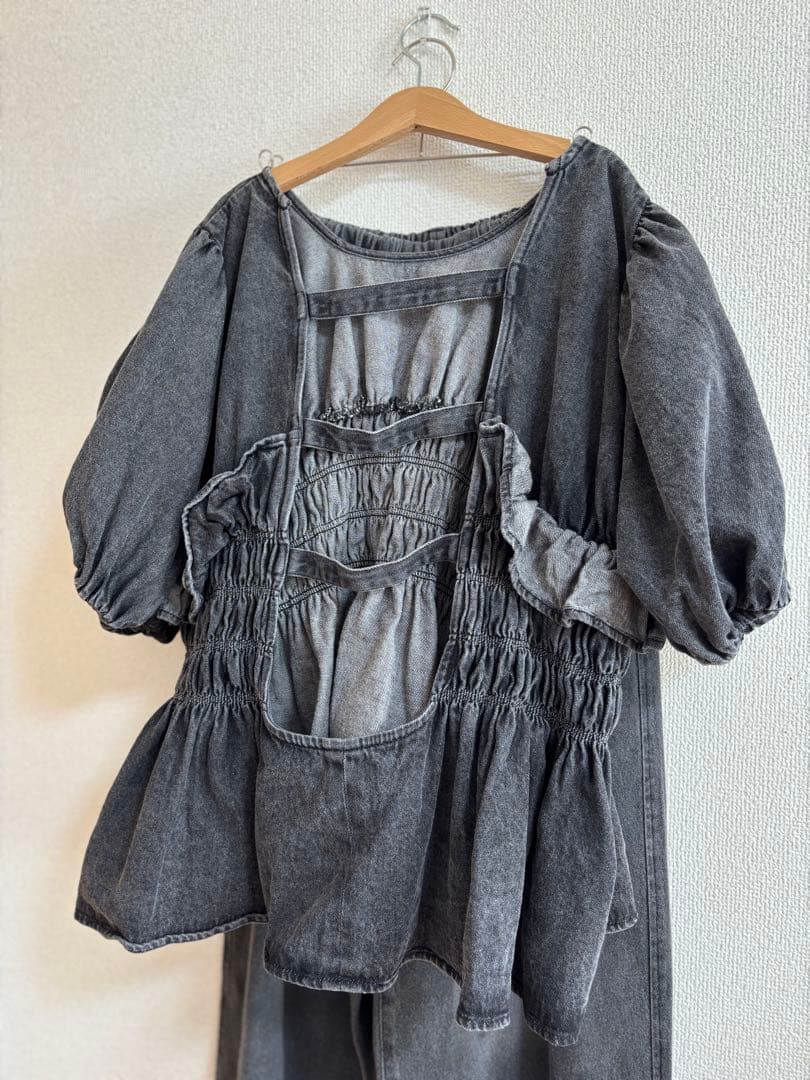 ダークグレー デニム トップスとワイドパンツ セット