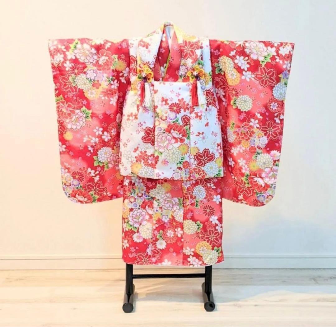 女の子 七五三 3歳 被布コート 着物 草履 巾着 髪飾り セット 赤 白