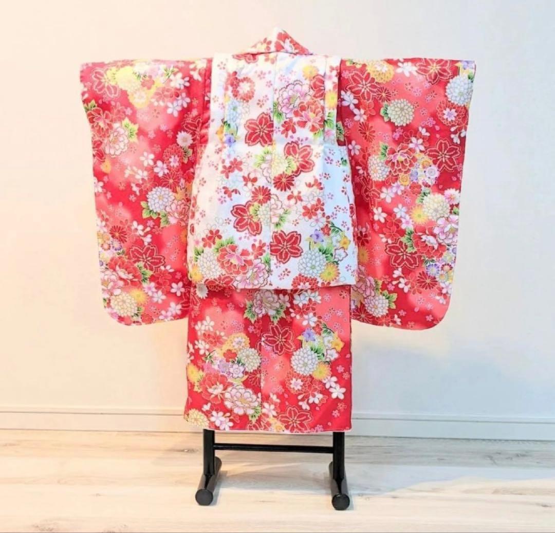 女の子 七五三 3歳 被布コート 着物 草履 巾着 髪飾り セット 赤 白