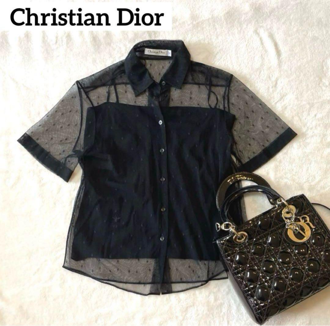 cn★【極美品】ディオール シャツブラウス 半袖 ドット ブラック