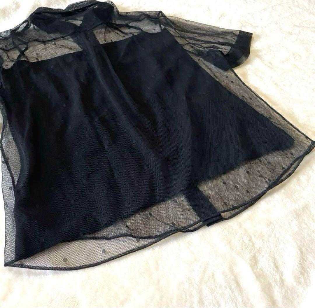 cn★【極美品】ディオール シャツブラウス 半袖 ドット ブラック