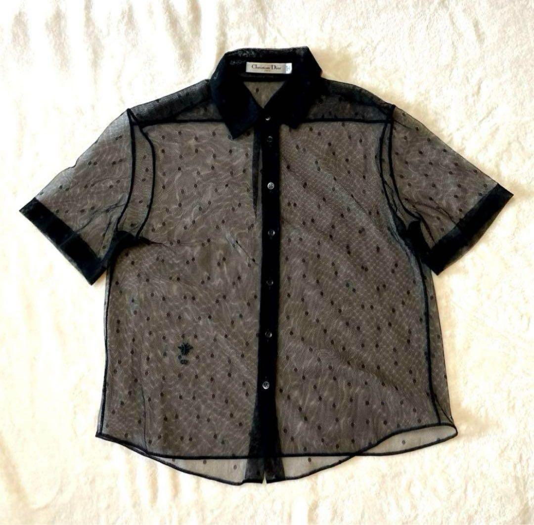 cn★【極美品】ディオール シャツブラウス 半袖 ドット ブラック