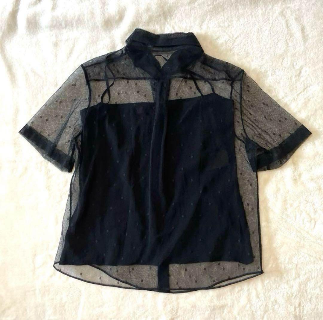cn★【極美品】ディオール シャツブラウス 半袖 ドット ブラック