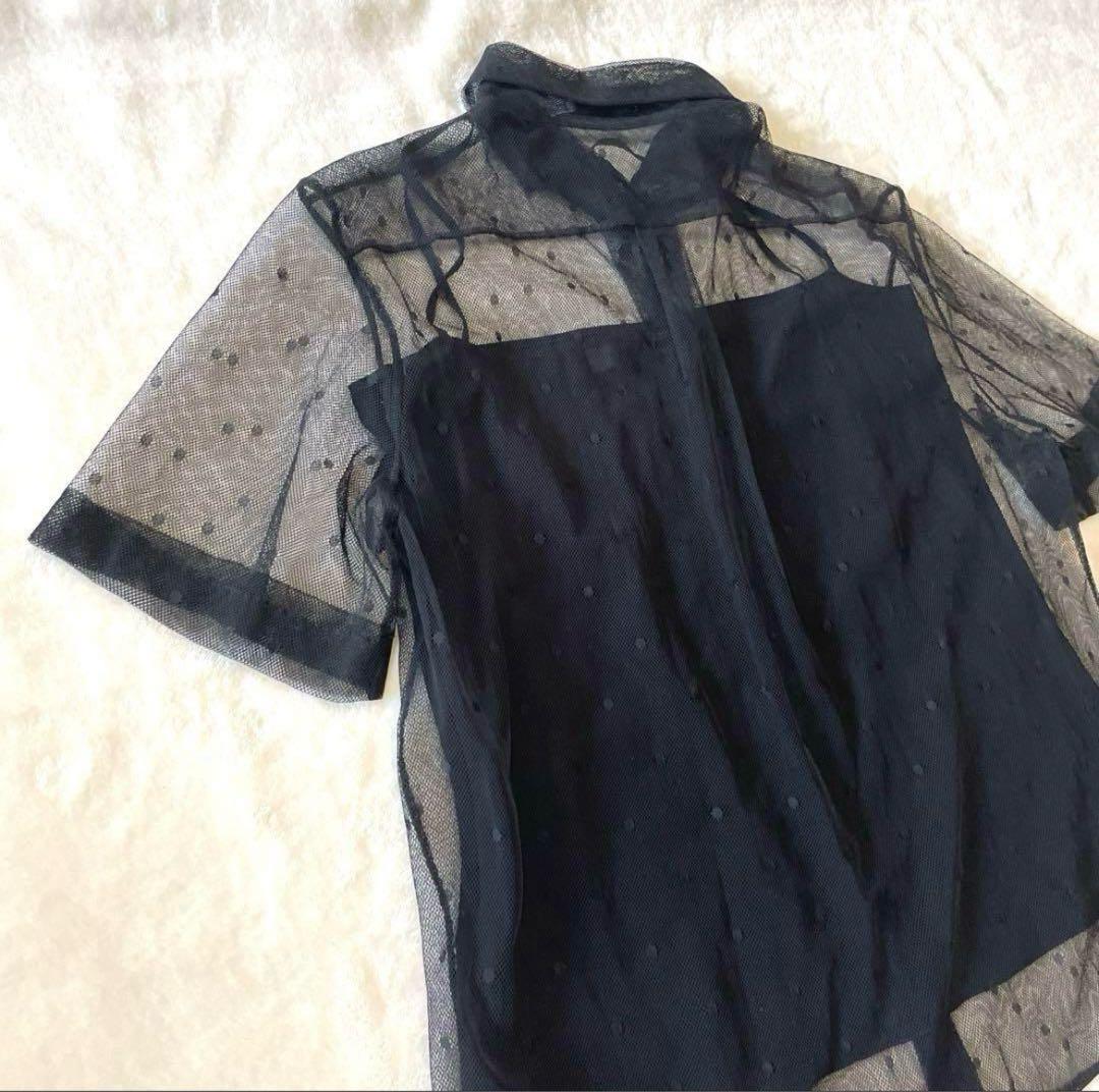 cn★【極美品】ディオール シャツブラウス 半袖 ドット ブラック
