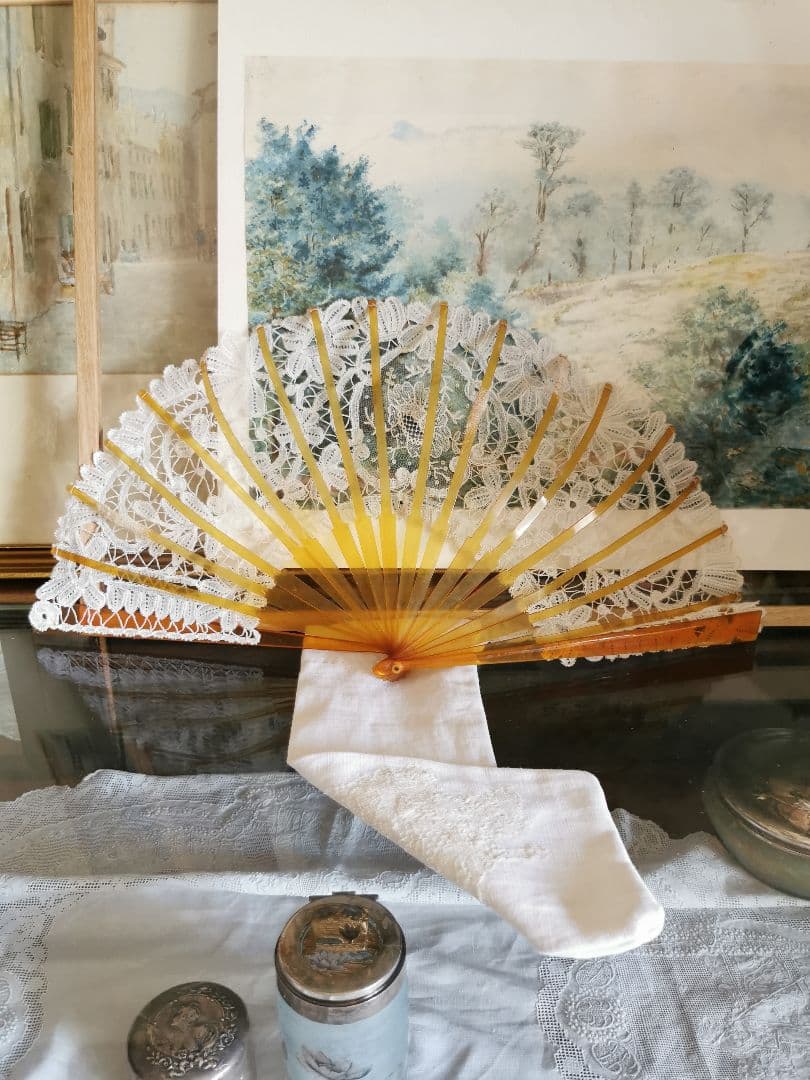 アンティークヴィクトリアンレースファン 琥珀/鼈甲飴色扇 ポワンドローズ ガーズ