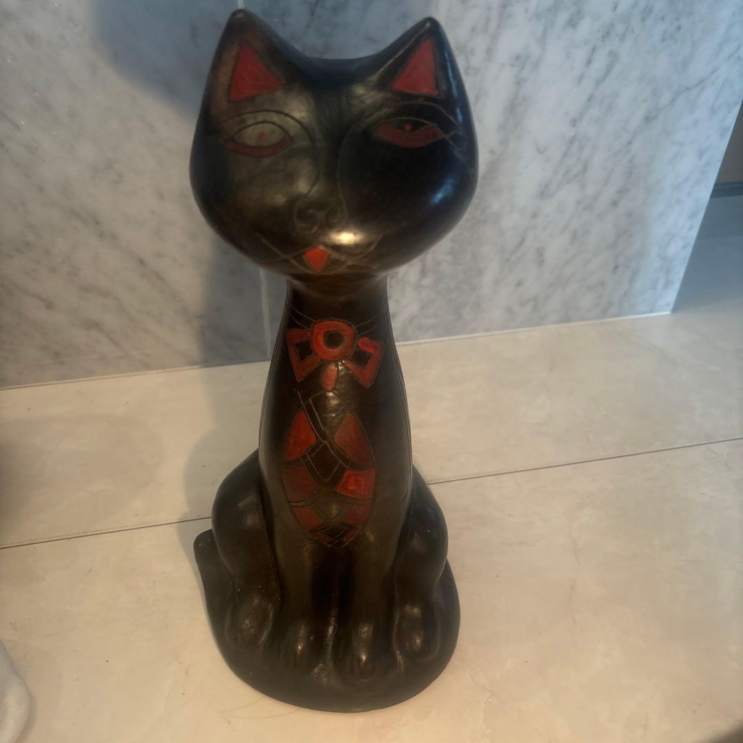 メキシコビンテージ　タトゥーのような美しい幾何学模様の猫陶器オブジェ