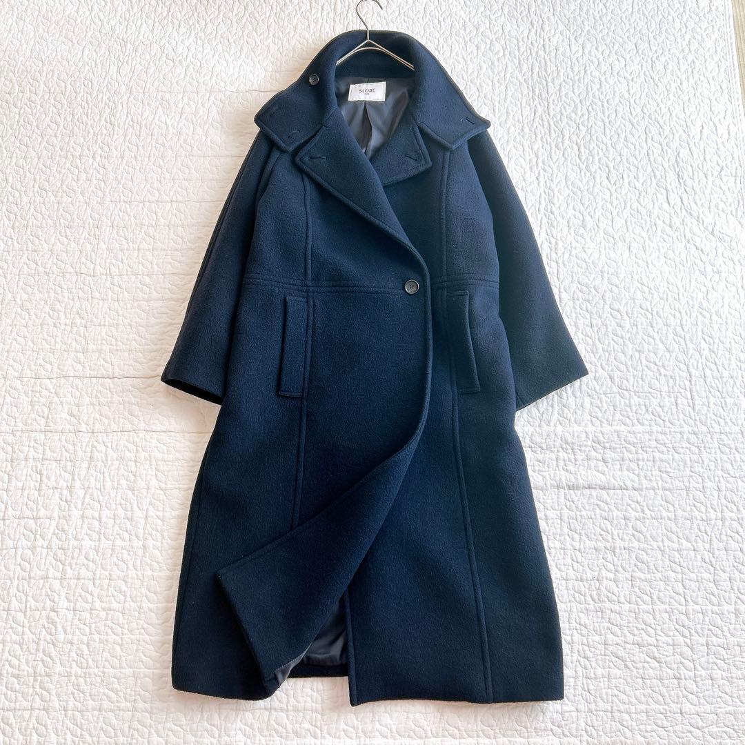 n*o様 スローブイエナ 23AW スタンドコクーンコート ロング ウール ネイ