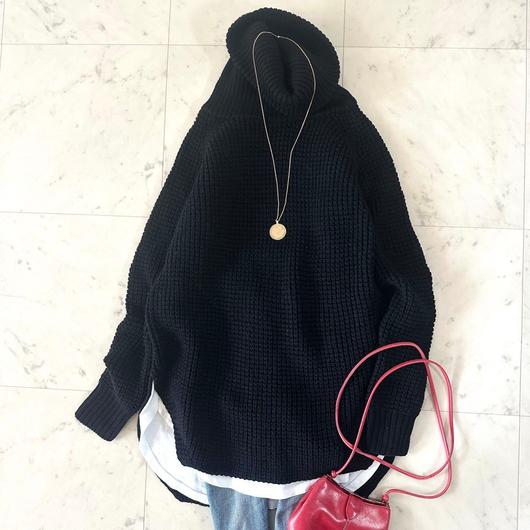 美品♪ドゥーズィエムクラス ワッフル編みタートルネックニット 黒 ブラック